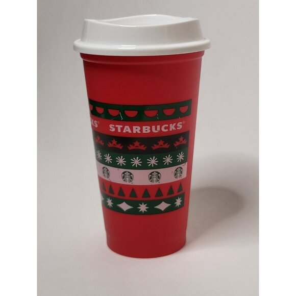 Starbucks Christmas Reusable Tall Cup With Lid Red Green White Mug Plastic - Picture 3 of 12